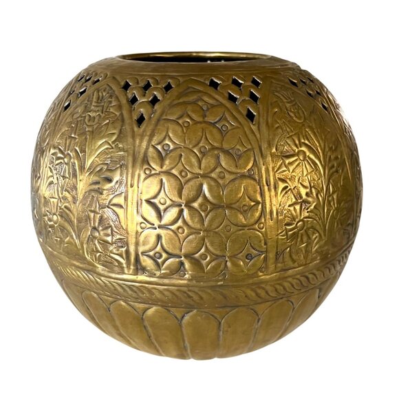 Vintage Large Brass Round Sphere Planter Floral Thistle Geometric Designs 11" - Picture 2 of 11